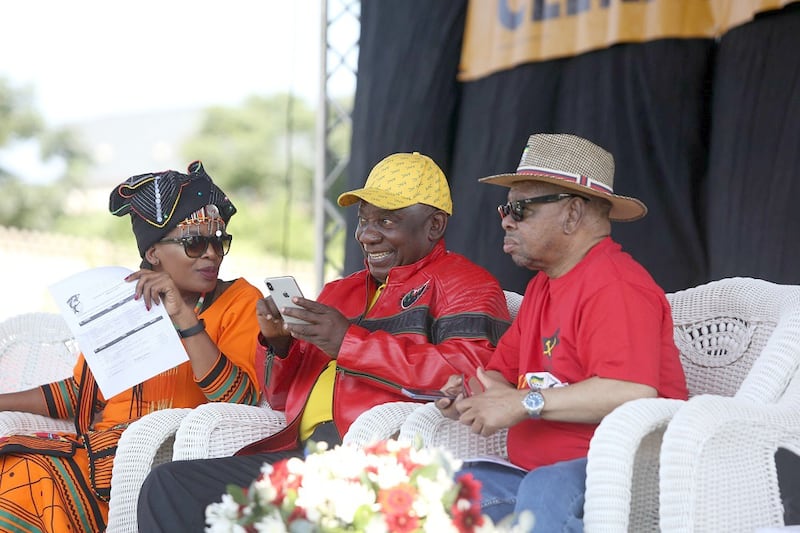 May Day: Cosatu president Zingiswa Losi, left, President Cyril Ramaphosa and SACP general secretary Blade Nzimande at the Workers' Day celebration in Durban at Sugar Ray Xulu Stadium in Clermont, May 1 2019. Picture: THULI DLAMINI